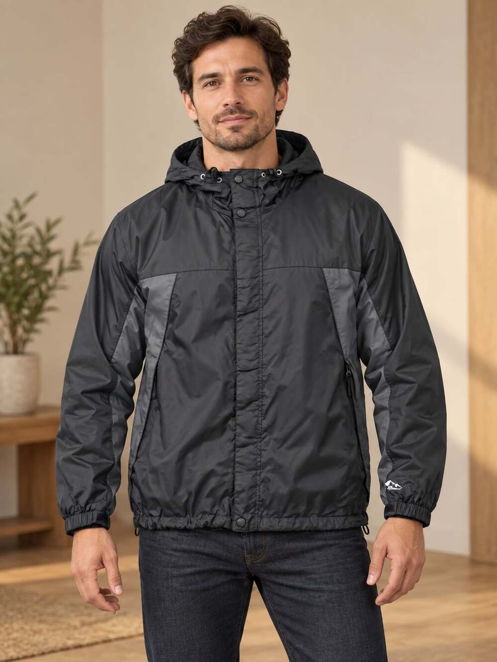 Eddie Bauer Rain Jacket Black Gray Nylon Hooded Mesh Lined Windbreaker M